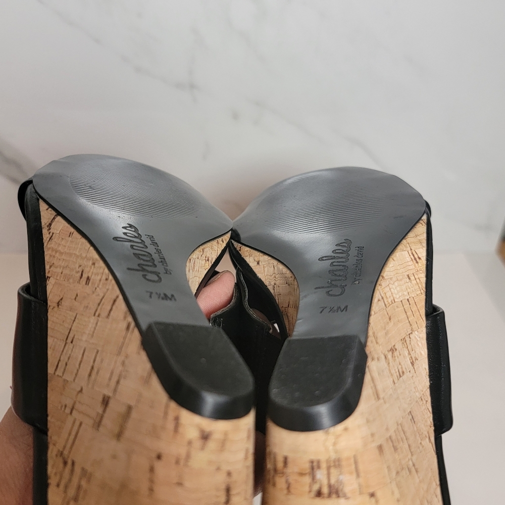 Charles David | Cork Wedge Black leather Cris Cross open toe Slip-on shoes 7.5 - Picture 11 of 12